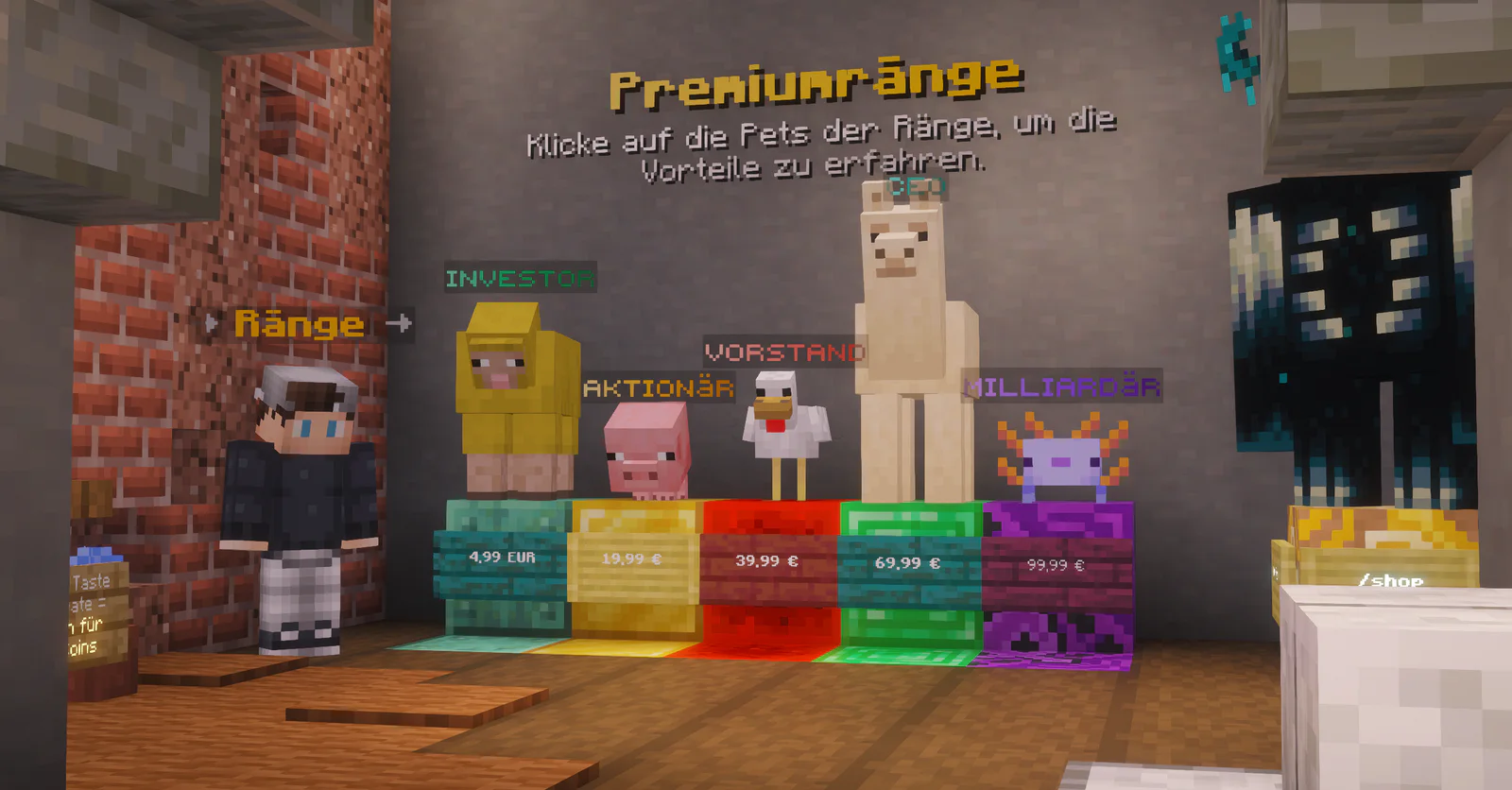 Die Premiumränge von DeutschlandSMP im Rangbereich am Spawn